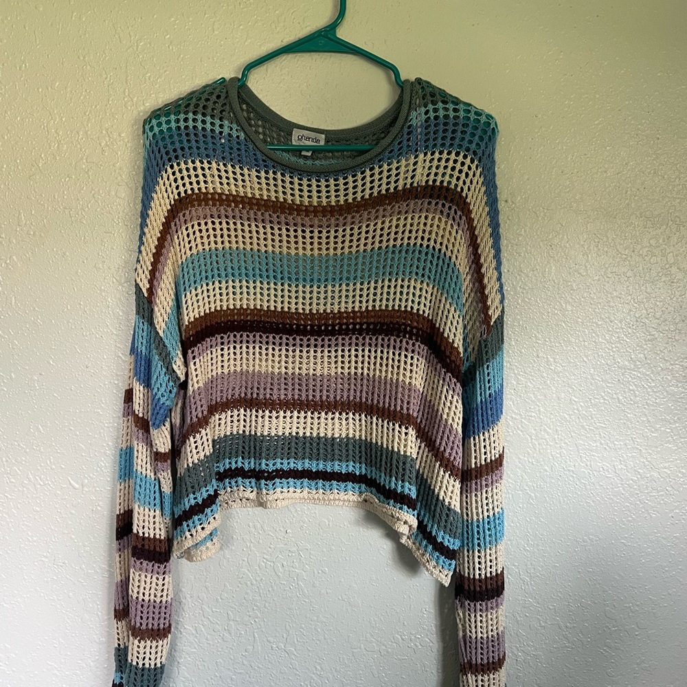 Ghanda Blue and Brown Crew Neck Striped Sweater